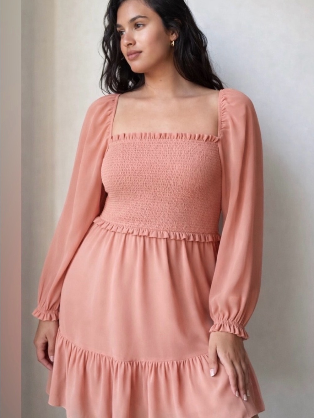 Aritzia Tempest Smocked Square-Neck Long Sleeve Mini Dress in Dusty Pink